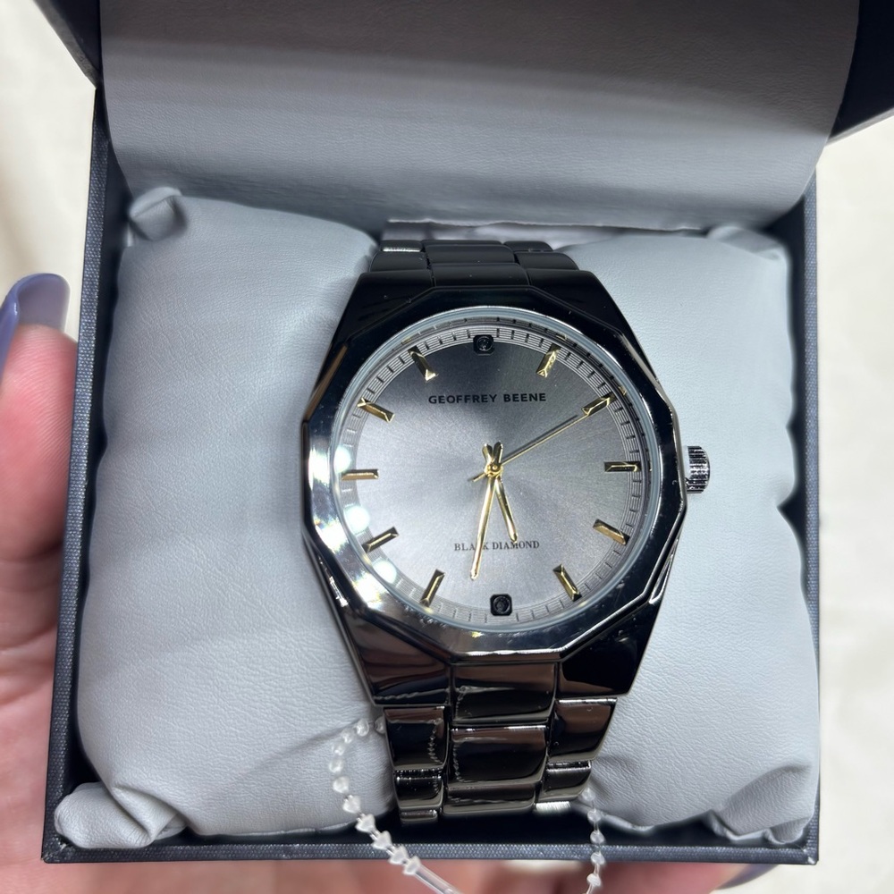 Geoffrey Beene Men's Gunmetal Tone Octagonal Bezel Genuine Black Diamond Watch